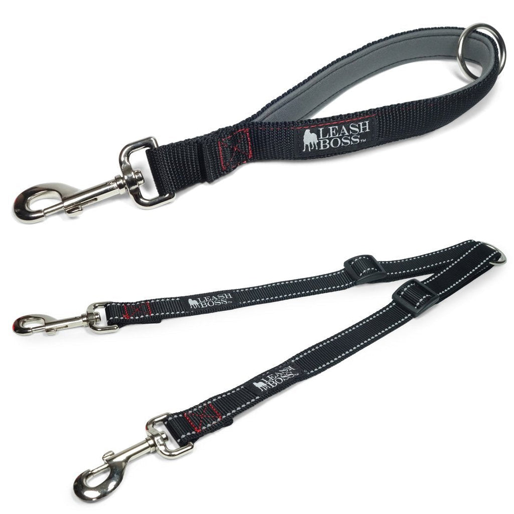 [Australia] - Leashboss Reflective Two Dog Leash Coupler and 12 Inch Short Leash with Padded Handle 12 Inch Handle, 11-20 Inch Coupler Black Reflective/Red/Grey 