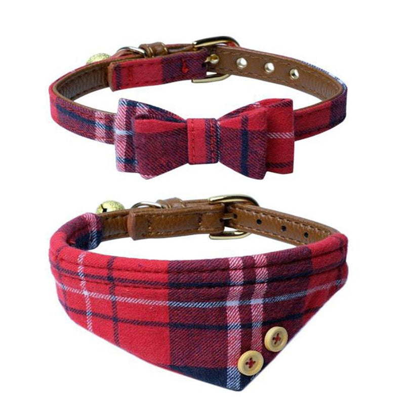 [Australia] - Dog Cat Collars Leather for Small pet,Adjustable Bow-tie and Scarf Puppy Collars with Bell,Cute Plaid Red Bandana Dog Collar(2 Pack) Red Plaid 