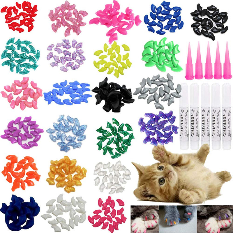 VICTHY 100 PCS Soft Pet Cat Nail Caps Cats Paws Grooming Nail Claws Caps Covers of 5 Random 5Pcs Adhesive Glue with 5pcs Applicators Kitten - PawsPlanet Australia