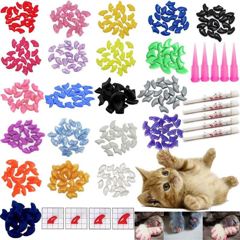 [Australia] - VICTHY 100 PCS Soft Pet Cat Nail Caps Cats Paws Grooming Nail Claws Caps Covers of 5 Random 5Pcs Adhesive Glue with 5pcs Applicators Small 