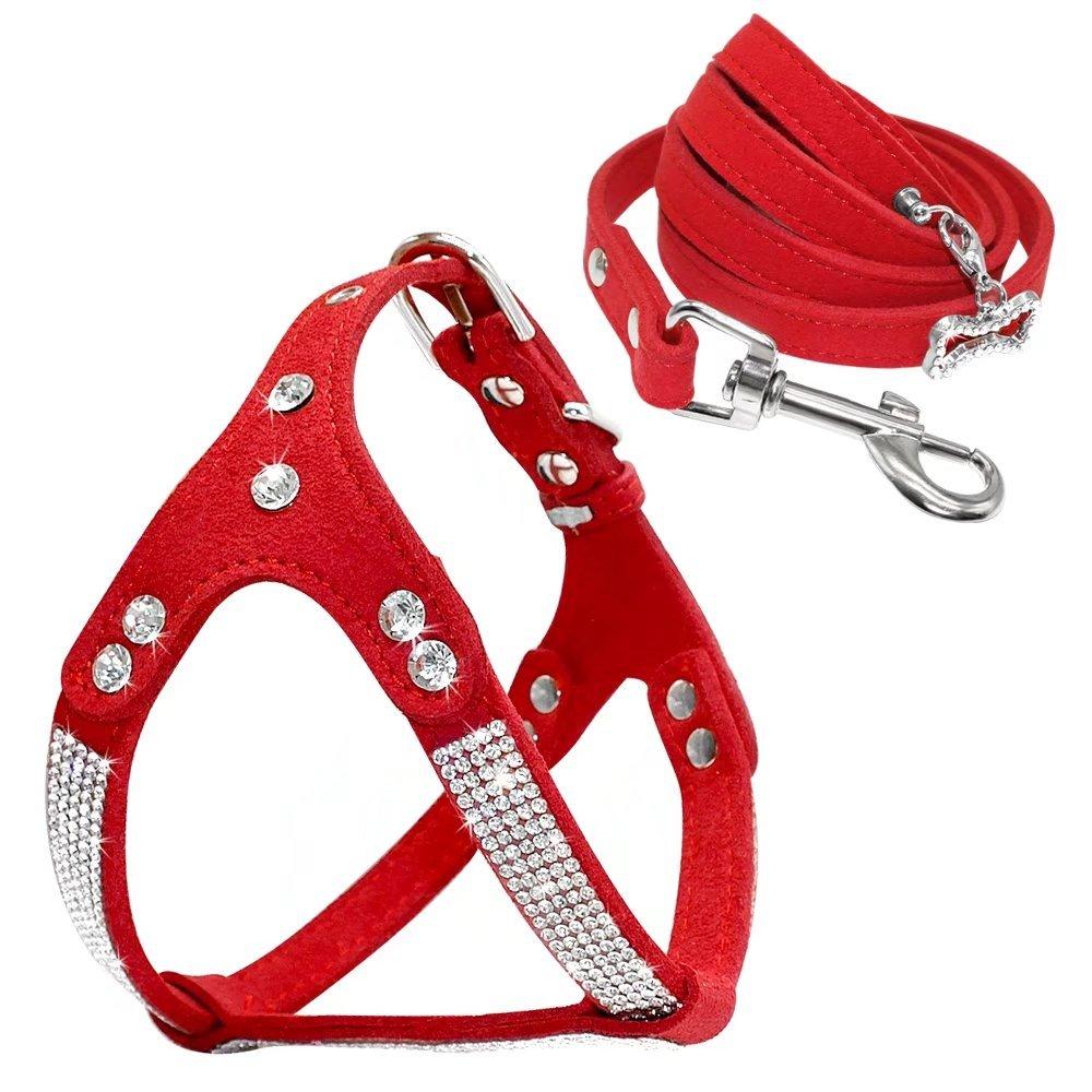 [Australia] - Beirui Soft Suede Rhinestone Leather Dog Harness Leash Set Cat Puppy Sparkly Crystal Vest & 4 ft Lead for Small Medium Cats Pets Chihuahua Poodle Shih Tzu Chest:16-18" Red 