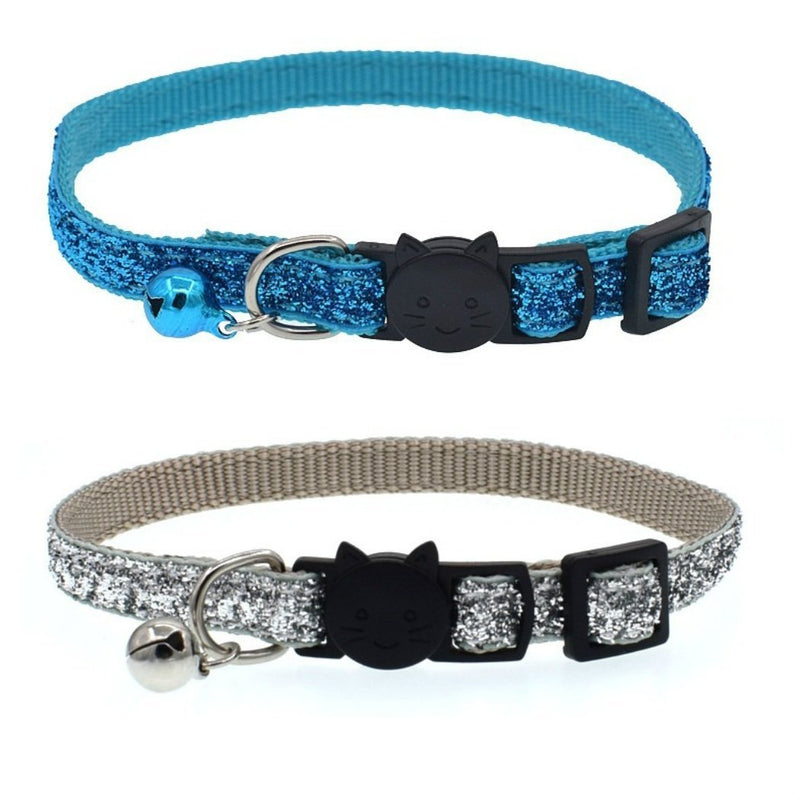 [Australia] - Bling Cat Collar Adjustable Breakaway Pet Collar with Bells Silver and Blue 