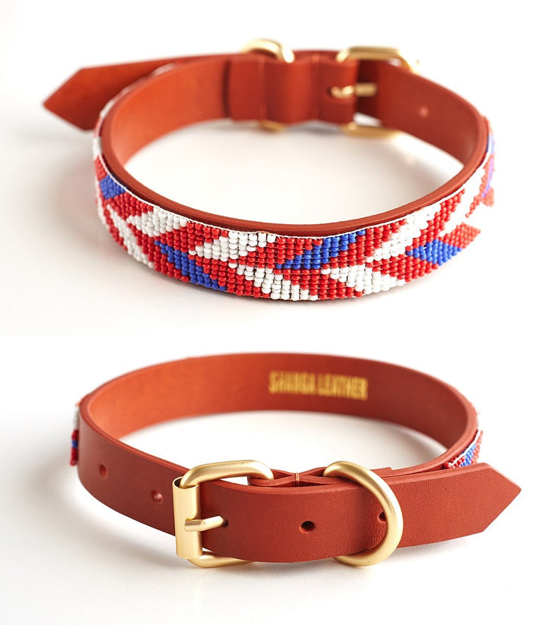 [Australia] - Purrlala Leather Dog Collar | Hand Beaded on Fine Leather | Polished Brass Accents | D Ring |Small Dogs | Medium Dogs | Big Dogs | Handmade Chevron Old Glory L 