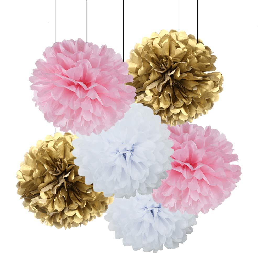 18pcs Gold Pink and White Tissue Pom Poms Kit Paper Flower Balls Ceiling Hanging Decorations Wedding Favors Baby Shower Party Decorations - PawsPlanet Australia