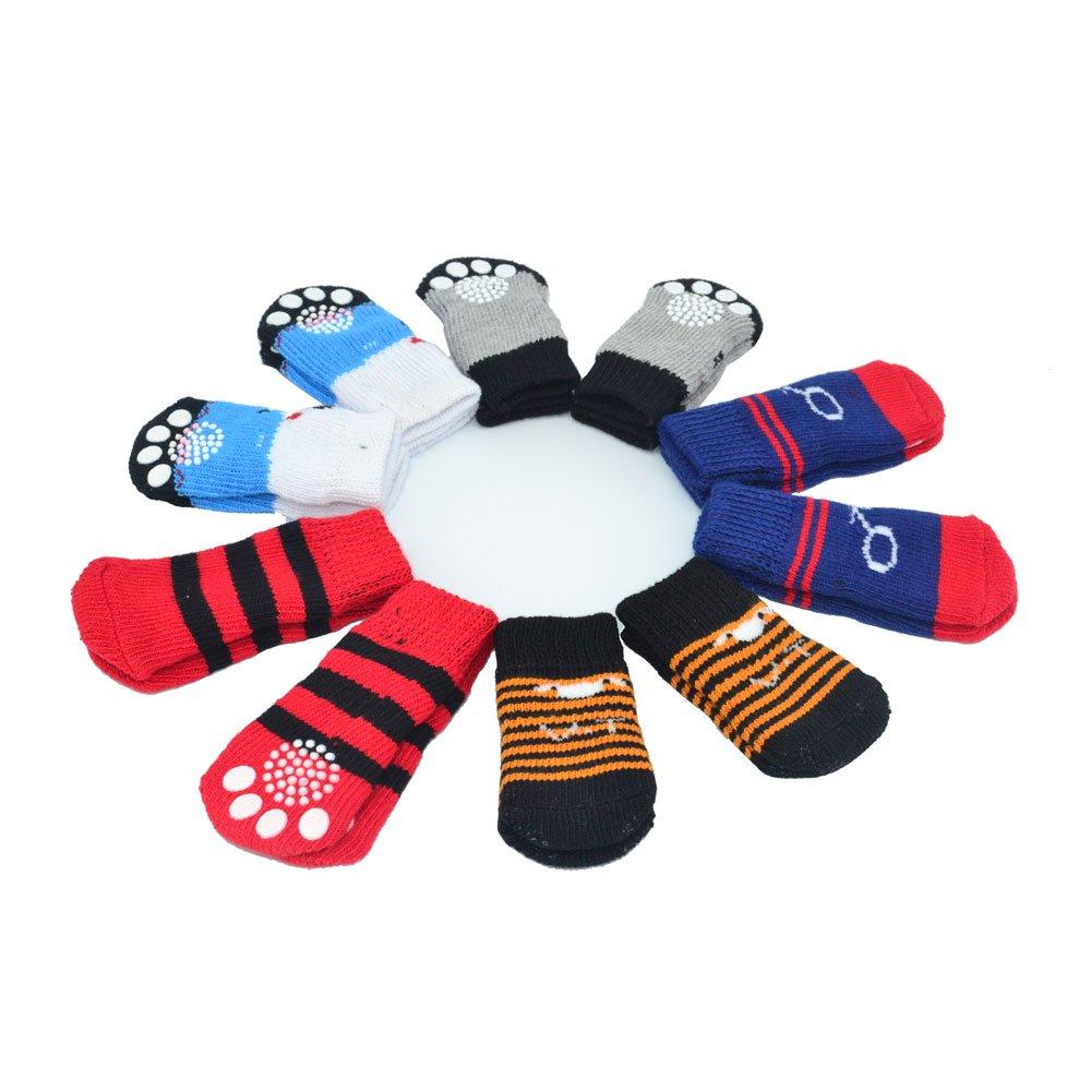 CONXKI Traction Control Cotton Socks Indoor Dog Nonskid Knit Socks 5 Pack (20 Pieces Socks), 4 Velcro and Color Shown Small - PawsPlanet Australia