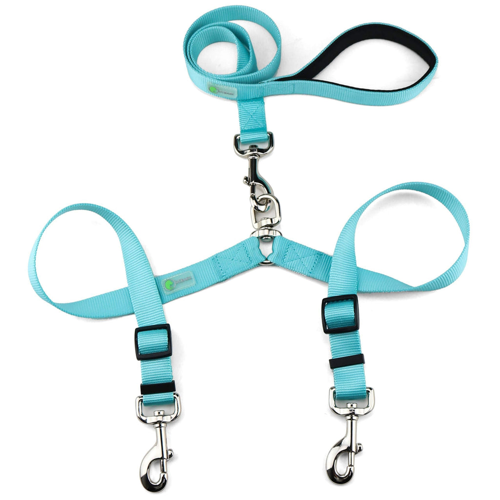 [Australia] - DCbark Tangle Free Double Dog Leash, No Tangle Adjustable Length Lead with Comfortable Padded Handle for 2 Dogs Medium Turquoise 