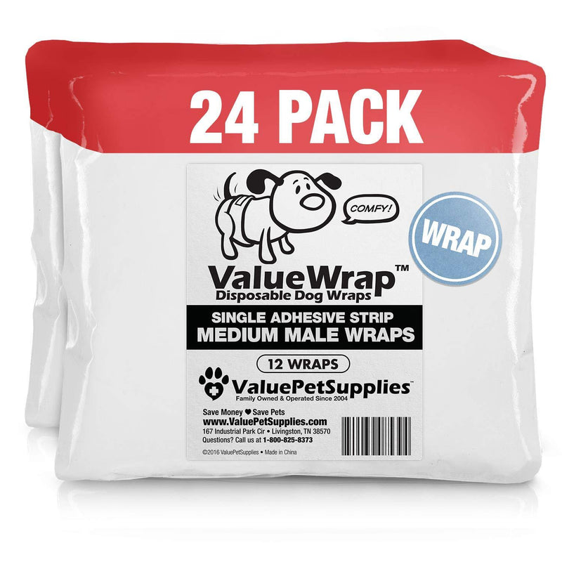 [Australia] - ValueWrap Disposable Male Dog Diapers, Wraps, 1-Tab Medium, 24 Count - Absorbent Male Wraps, Incontinence, Excitable Urination, Travel, Snag-Free Fastener, Leak Protection, Wetness Indicator 