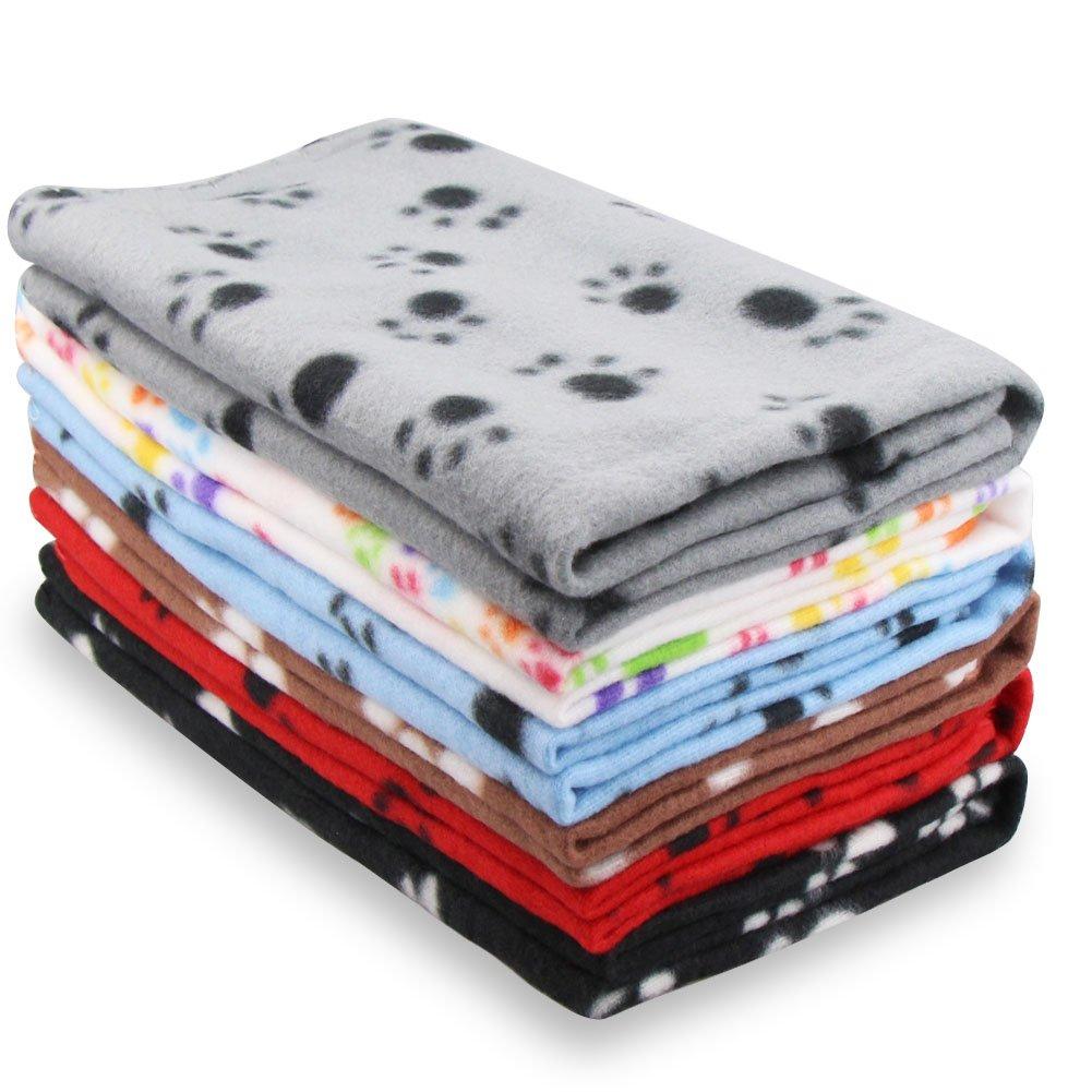 [Australia] - Eagmak Cute Dog Cat Fleece Blankets with Pet Paw Prints for Kitten Puppy and Small Animals Pack of 6 (Black, Brown, Blue, Grey, red and White) 