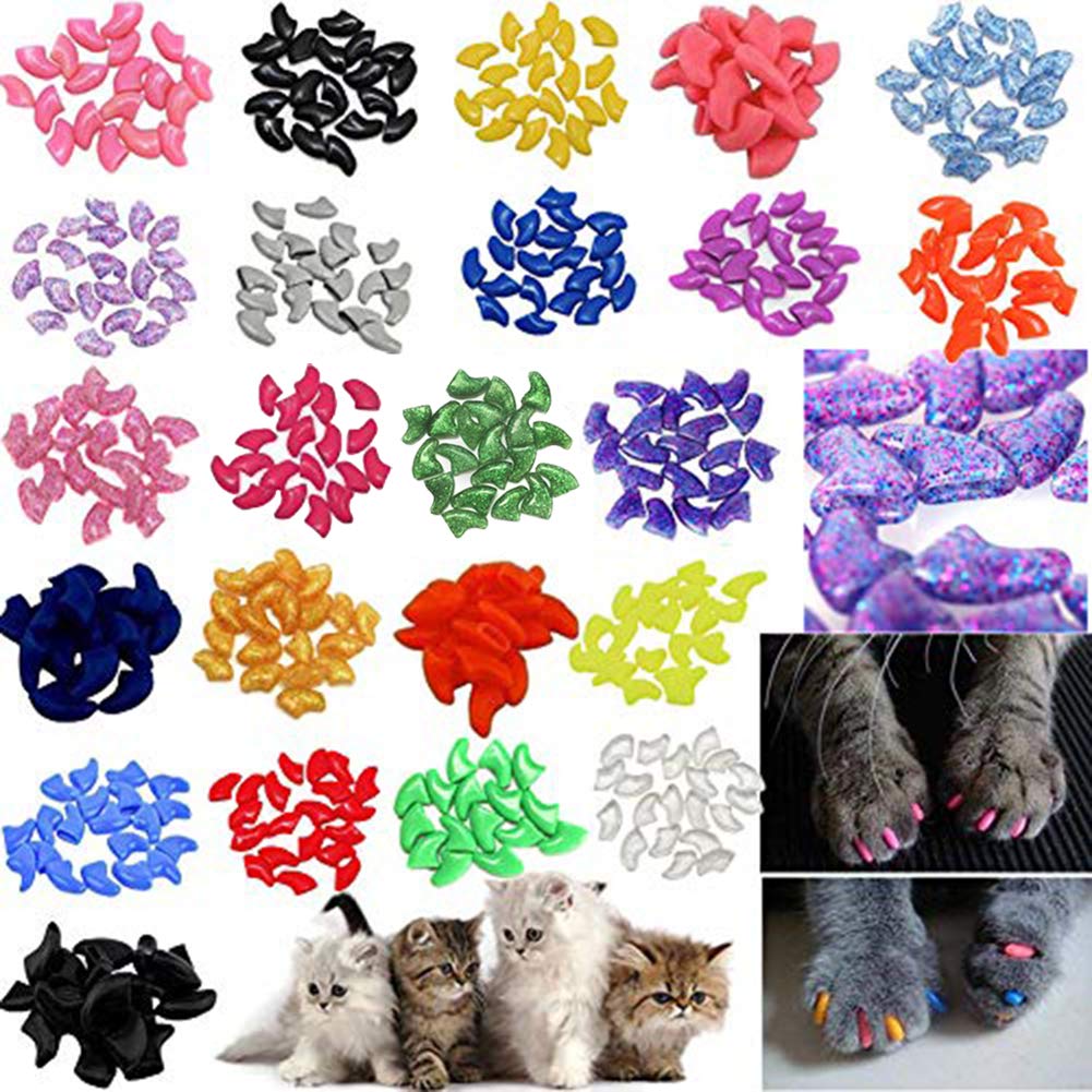 [Australia] - JOYJULY 140pcs Pet Cat Kitty Soft Claws Caps Control Soft Paws of 4 Glitter Colors, 10 Colorful Cat Nails Caps Covers + 7 Adhesive Glue+7 Applicator with Instruction XS 