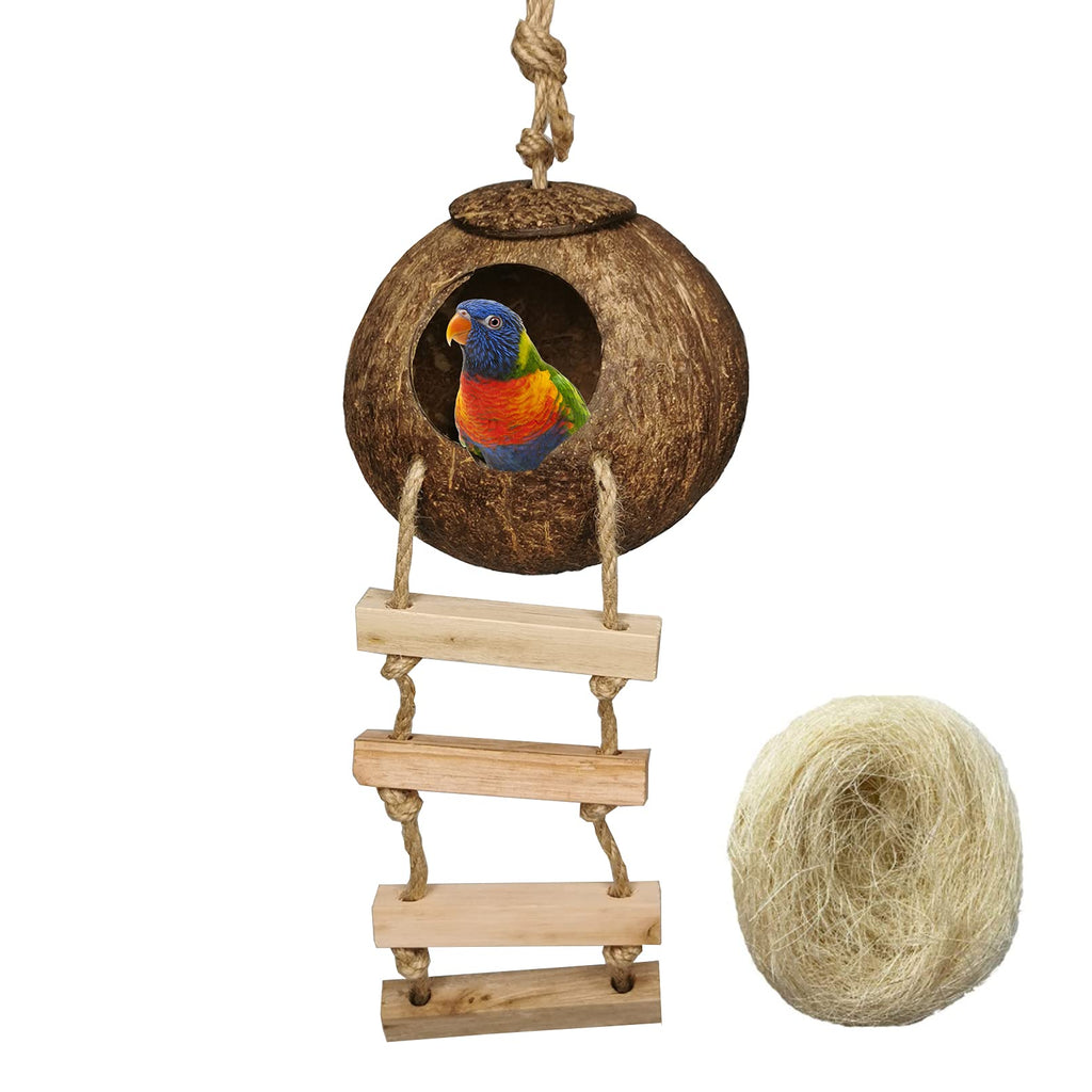 Hanging Bird House with Ladder,Natural Coconut Fiber Shell Bird Nest Breeding for Parrot Parakeet Lovebird Finch Canary,Coconut Hide Bird Swing Toys for Hamster,Bird Cage Accessories,Pet Bird Supplies - PawsPlanet Australia