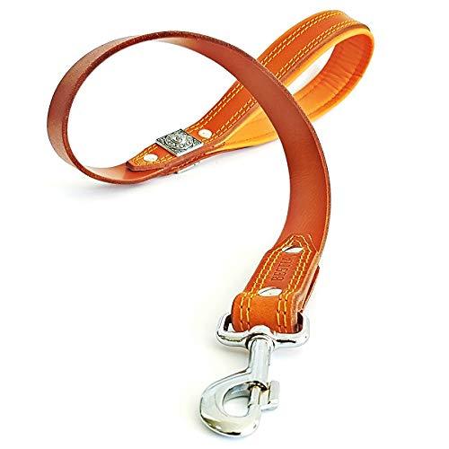 [Australia] - Bestia Genuine Leather Heavy Duty Short Leash. 35.5 inch Long, 1.2 inch Wide. Soft Padded Handle. Handmade Quality Brown & Orange 