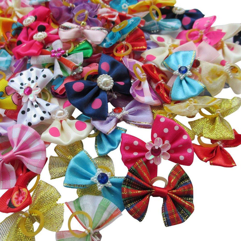 [Australia] - Chenkou Craft Random of 100pcs New Dog Hair Bow with Rubber Band Rhinestone Pet Grooming Products Mix Colors Varies Patterns Pet Hair Bows Dog Accessories 