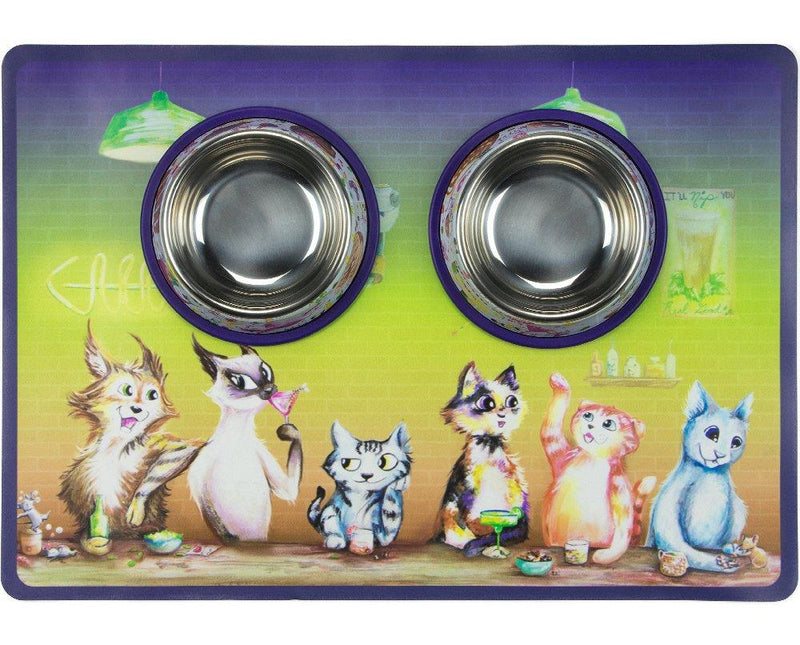 [Australia] - Weebo Pets 3-in-1 Cat Food & Water Bowls with Mat Set - Cat Tales: The Regulars Premium 4 oz. Stainless Steel Dishes with Food-Grade Silicone Feeding/Litter Box Mat 