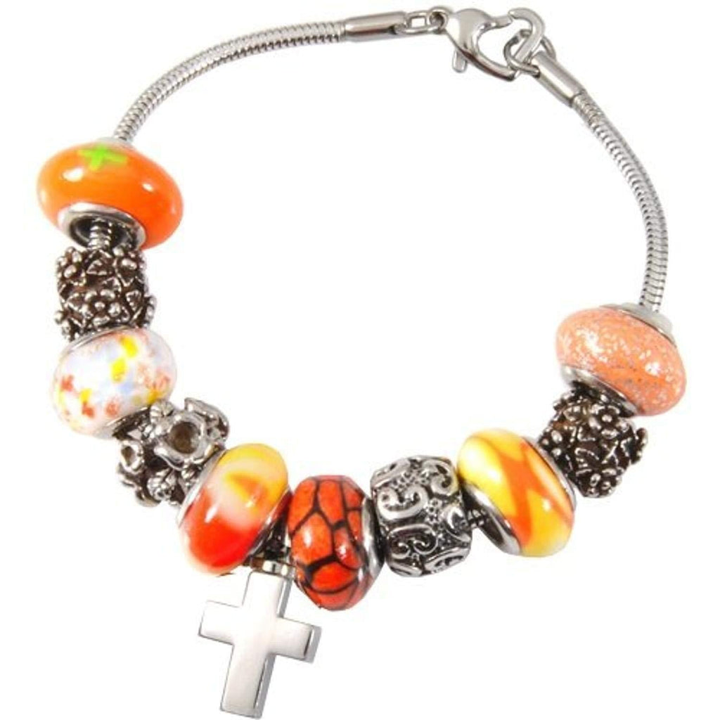 Memorial Gallery Sunset Orange Remembrance Bead Pet Cross Urn Charm Bracelet 7" - PawsPlanet Australia