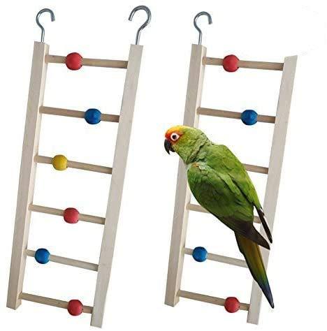 Mokook Parrot Wood Ladder with Hooks and Colorful Ball for Hamster Gerbil Rodent Canary Small Parrot Climbing Standing and Cage Accessories, Size 14.7"x4.9" - PawsPlanet Australia