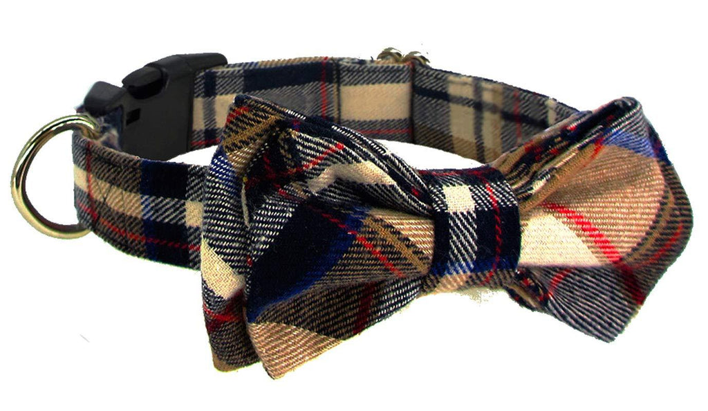 Kebs Cat Bow Tie Collar with Detachable Bowtie Adjustable Neck Tie for Dogs Medium Plaid Khaki - PawsPlanet Australia