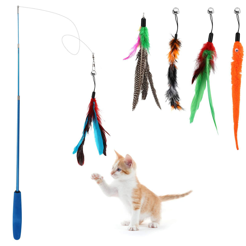 Depets Cat Feather Wand, Retractable Cat Wand Toy, 5PCS Assorted Feather Refills with Bell, Interactive Cat Toy Wand for Indoor Cat and Kitten Funny Exercise Wand+5pcs Feathers - PawsPlanet Australia