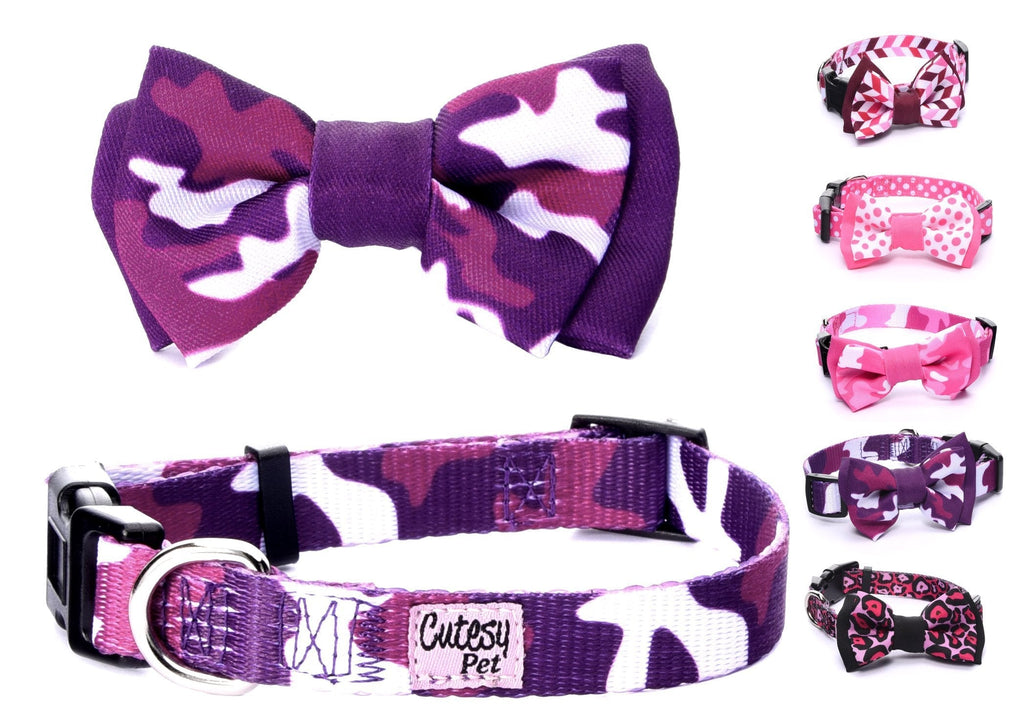 [Australia] - Cutesy Pet Dog Collar with Adjustable Bow | 4 Designs in 4 Sizes | Comfortable and Strong Purple Camo X-Small 