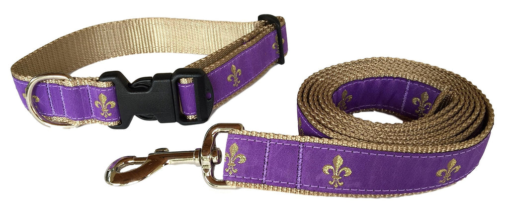 [Australia] - Preston Fleur De Lis Dog Collar and Leash Set in Purple and Gold Ribbon on Gold Nylon Webbing Large 