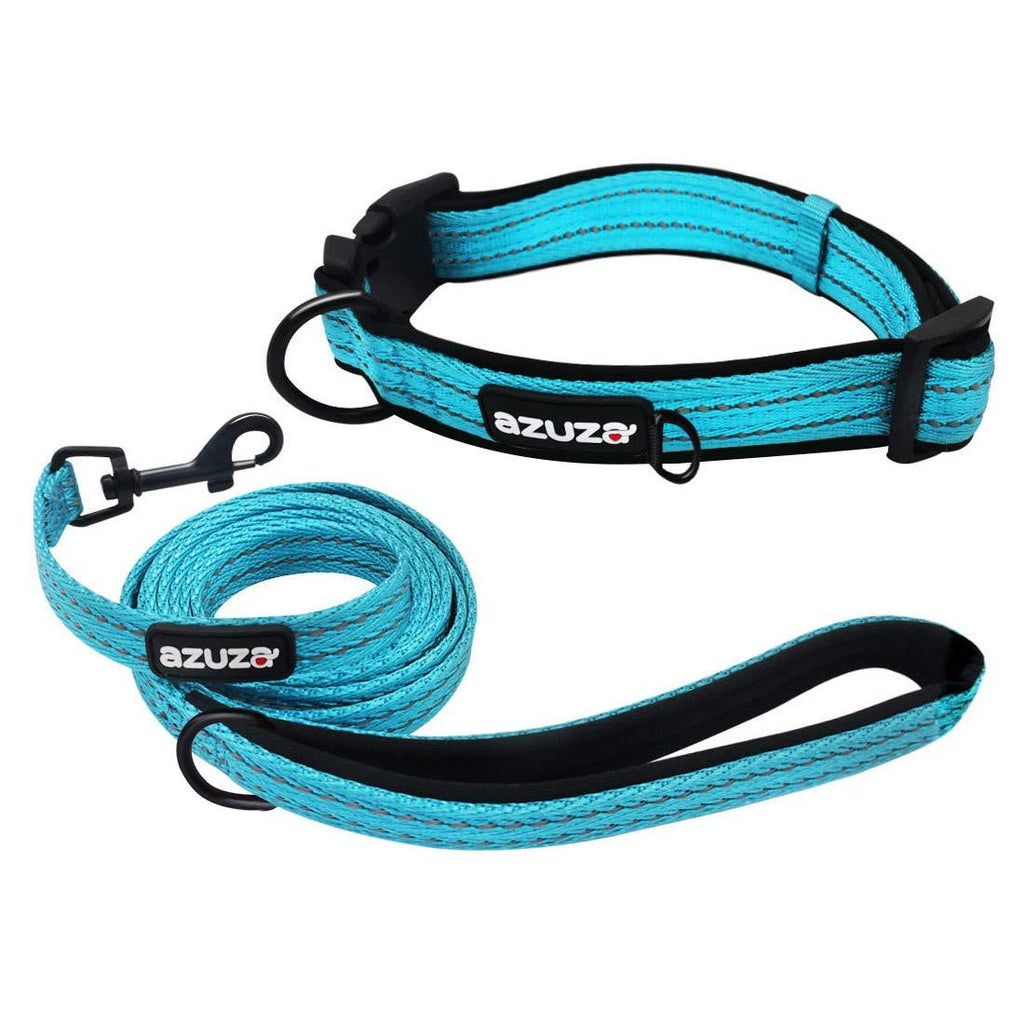 [Australia] - azuza Durable Padded Dog Leash and Collar Set, Reflective Strip Extra Safe and Comfy for Small to Large Dogs S (Neck: 11"-16") Vitality Blue 
