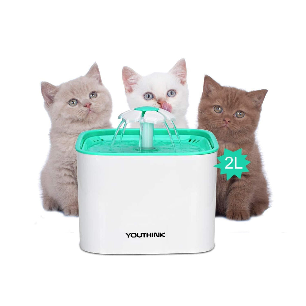 [Australia] - YOUTHINK Cat Water Fountain, 2L Large Capacity Healthy and Hygienic Automatic Ultra Quiet Pet Water Fountain, Cat Water Dispenser with 1 Filter, Pet Drinking Fountain for Cat and Dog Green & White 