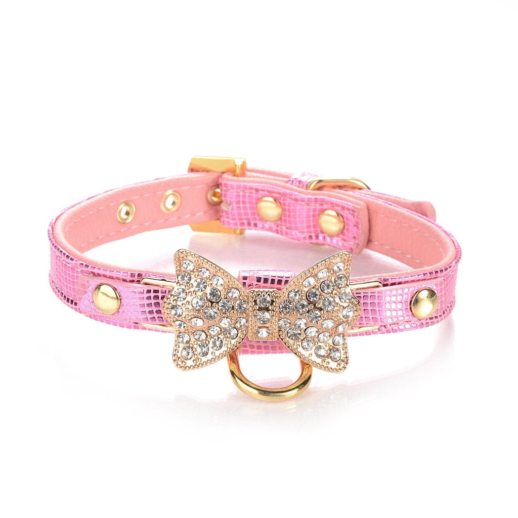 [Australia] - LOVPE Gold Bling Diamond Giltter Leather Fashion Collar with Ring for Tags for Small Dogs,Cat,Puppy and Kitty Walking Travel Party Gifts Tedd, Poodle Dog,Bulldog and Yorkshire Terrier XS Pink 