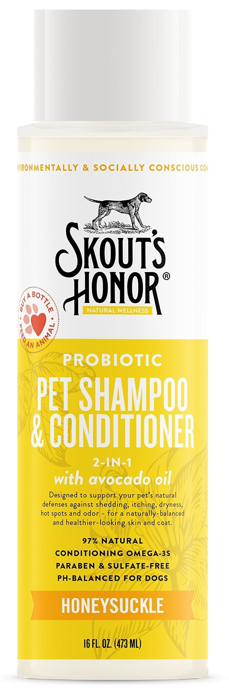 [Australia] - SKOUT'S HONOR: Probiotic Pet Shampoo & Conditioner - 2-in-1 with Avocado Oil - Cleans and Conditions Fur, Supports Pet’s Natural Defenses, PH-Balanced, Sulfate Free Honeysuckle 16 Fl Oz 