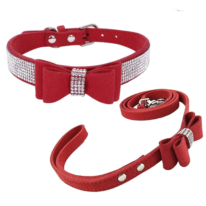 [Australia] - Newtensina Fashion Dog Collar and Lead with Bow Tie Bling Puppy Collar Leash with Bow for Dog Small Red 