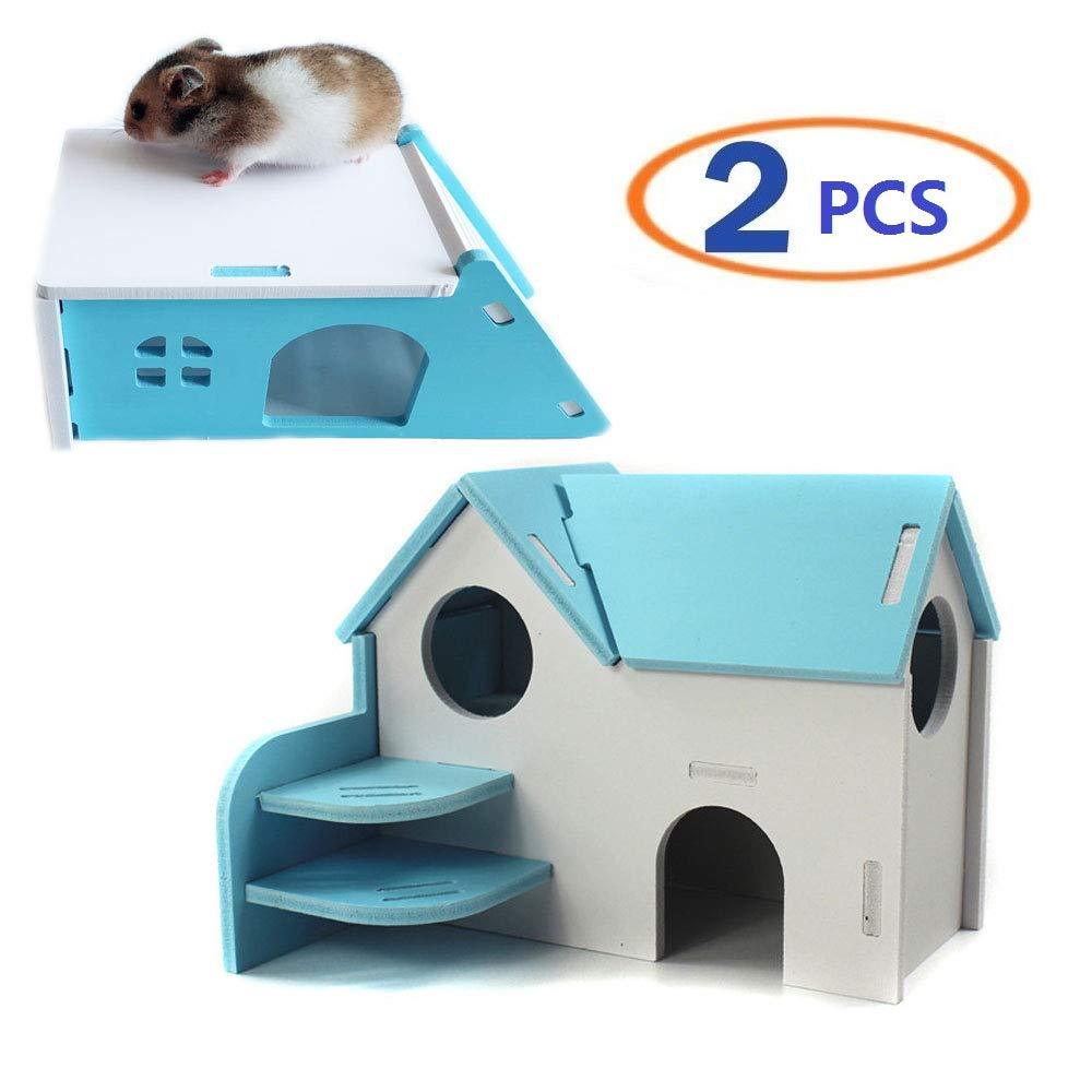 [Australia] - Wooden Hamster House,Hideout Hut Exercise Natural Funny Nest Toy(Pack of 2) (Blue) 