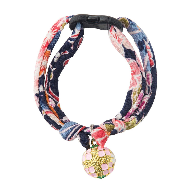 Necoichi Chirimen Temari Dynasty Cat Collar, Handcrafted in Japan, 1 Size fits All, Kimono Fabric Navy - PawsPlanet Australia