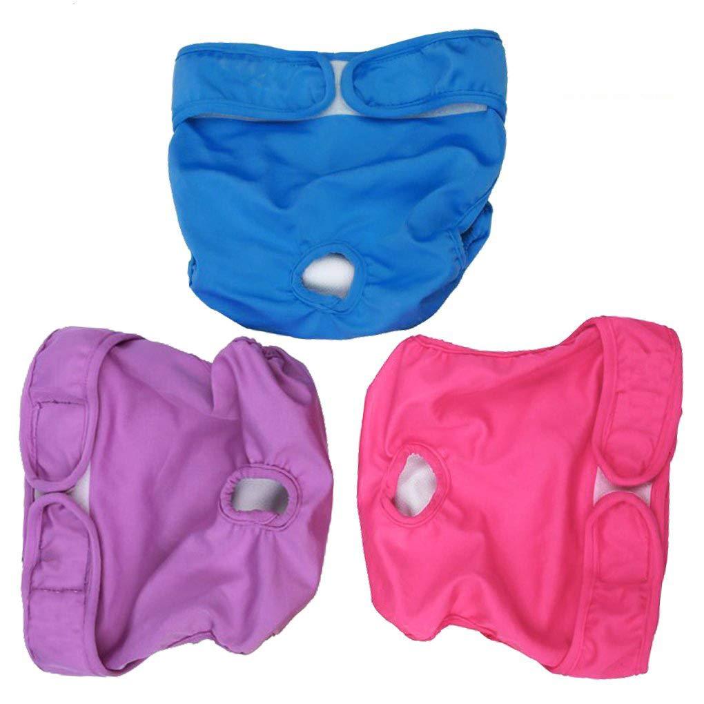 [Australia] - SunGrow Washable Dog Diapers, Fits 9-15 Inches Waist, Blue, Purple and Pink, Reusable, Super-Absorbent Soft Fabric, Elastic Waist, Easy to Use Touch Fastener, Pack of 3 