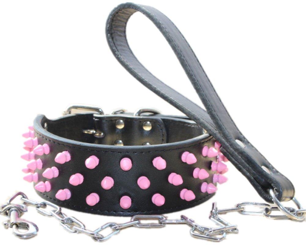 [Australia] - haoyueer Pink Spiked Studded Dog Collar 2 Inch in Width Leather Dog Collars Chain Leash Combo Set Fit Medium & Large Dogs Pitbull Husky Mastiff Terrier M Black 