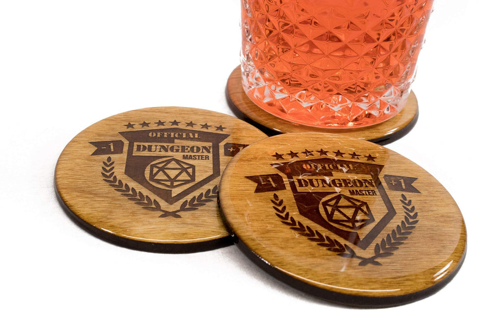 Official Dungeon Master Coasters - 3.5" Round Wood Dungeons and Dragons DnD Nerdy Barware Gift Set - PawsPlanet Australia