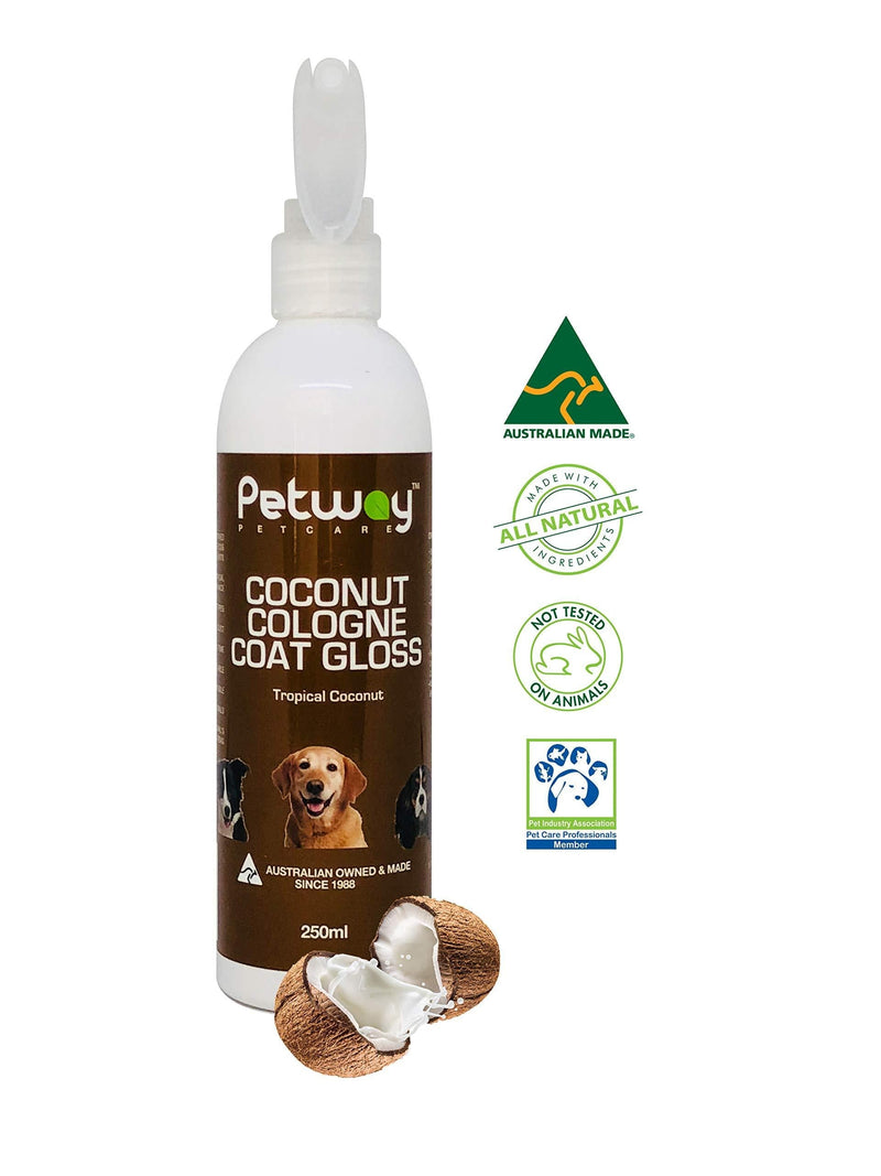 [Australia] - PETWAY Petcare Coconut Cologne Coat Gloss – Natural Cosmetic Dog Cologne Spray with Coconut for Conditioning Qualities, Dog Gloss with Deodorizer, Pet Odor Eliminator and Dog Grooming Spray – 250ml 