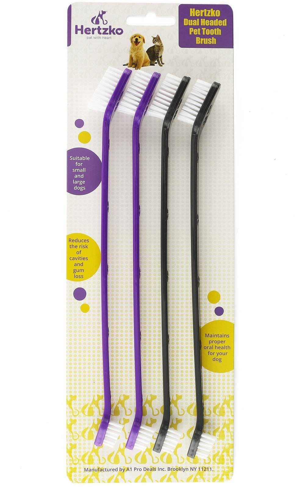 Hertzko 4 Pack Dual Headed Tooth Brush Soft Bristles & Long Handles for Those Hard to Reach Places - Suitable for Small and Large Dogs and Cats - PawsPlanet Australia