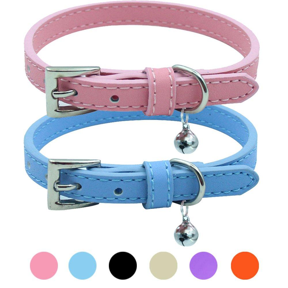 [Australia] - PUPTECK 2 PCS Soft Leather Cat Kitten Collar-Orange, Purple, Black, Khaki, Pink, Blue Pink&Blue 