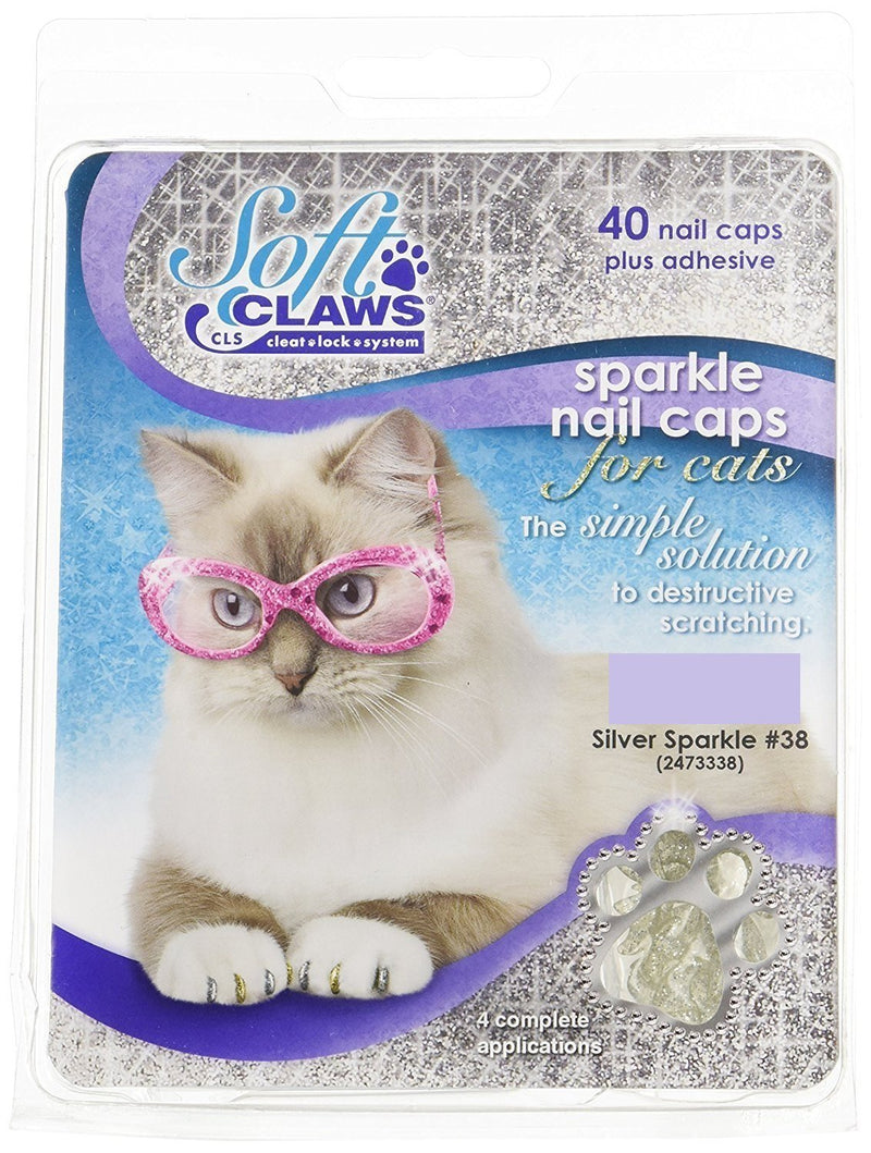 [Australia] - Soft Claws Feline Nail Caps - 40 Nail Caps and Adhesive for Cats (Silver Sparkle, Large) 