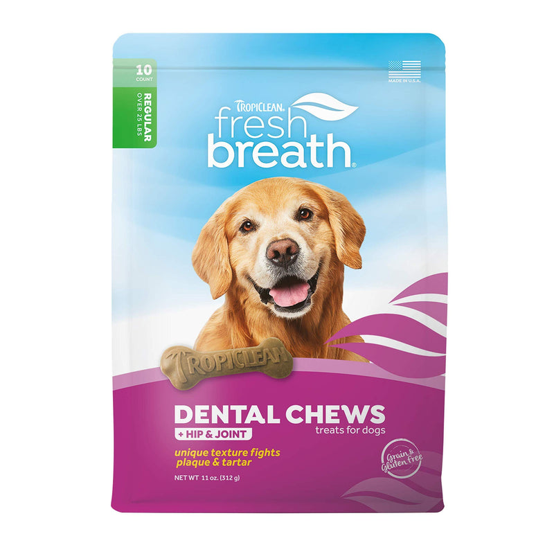 Fresh Breath by TropiClean Dog Dental Care Hip & Joint Dental Chews for Dogs 25+ Pounds, 10ct - Helps Brush Away Plaque and Tartar — Made in the U.S.A. Large Dog - PawsPlanet Australia