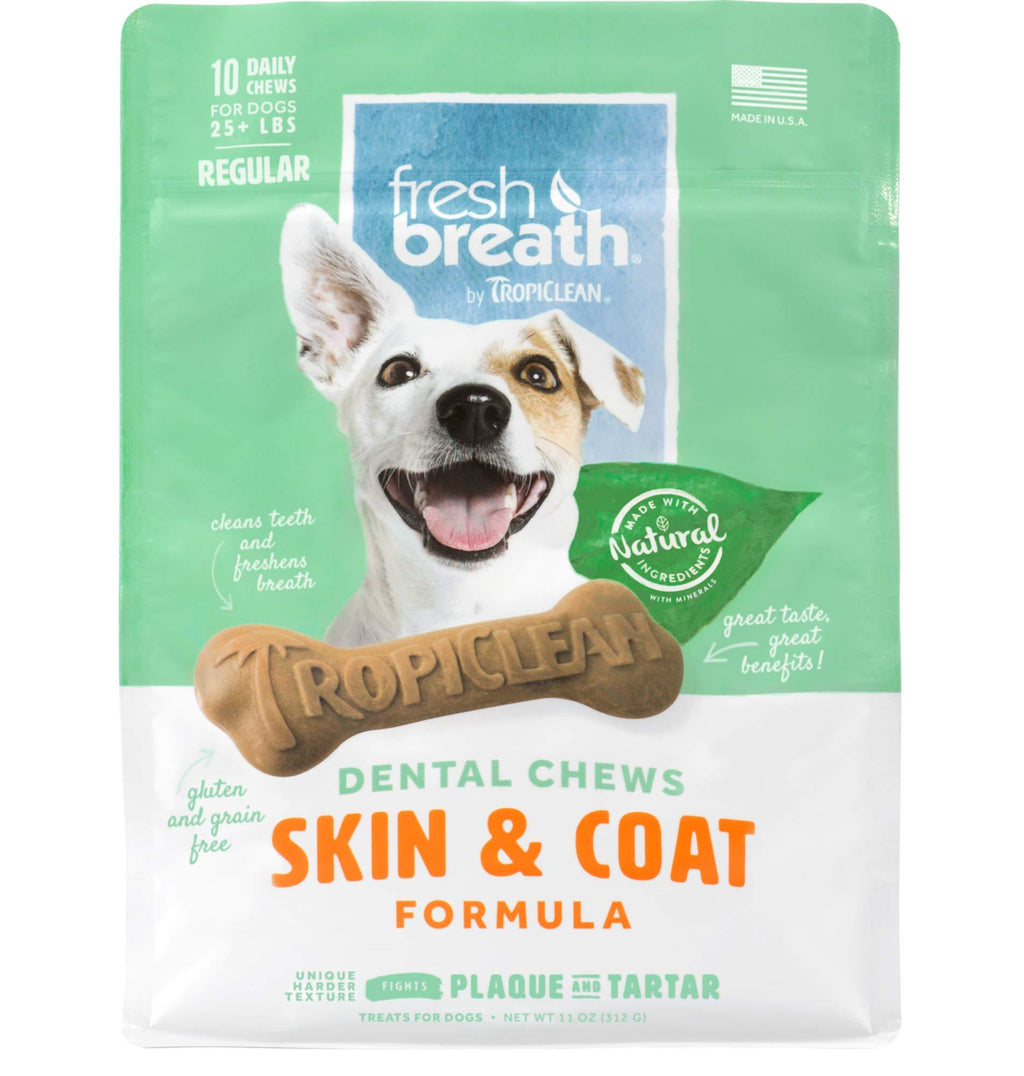 Fresh Breath by TropiClean Dog Dental Care Skin & Coat Dental Chews for Dogs 25+ Pounds, 10ct, 11oz - Helps Brush Away Plaque and Tartar — Made in the U.S.A. - PawsPlanet Australia