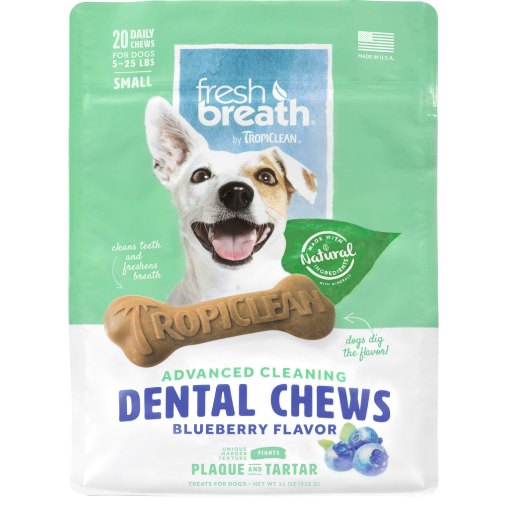 Fresh Breath by TropiClean Dog Dental Care Blueberry Flavored Dental Chews for Dogs 5-25 Pounds, 20ct, 11oz - Helps Brush Away Plaque and Tartar — Made in the U.S.A. - PawsPlanet Australia