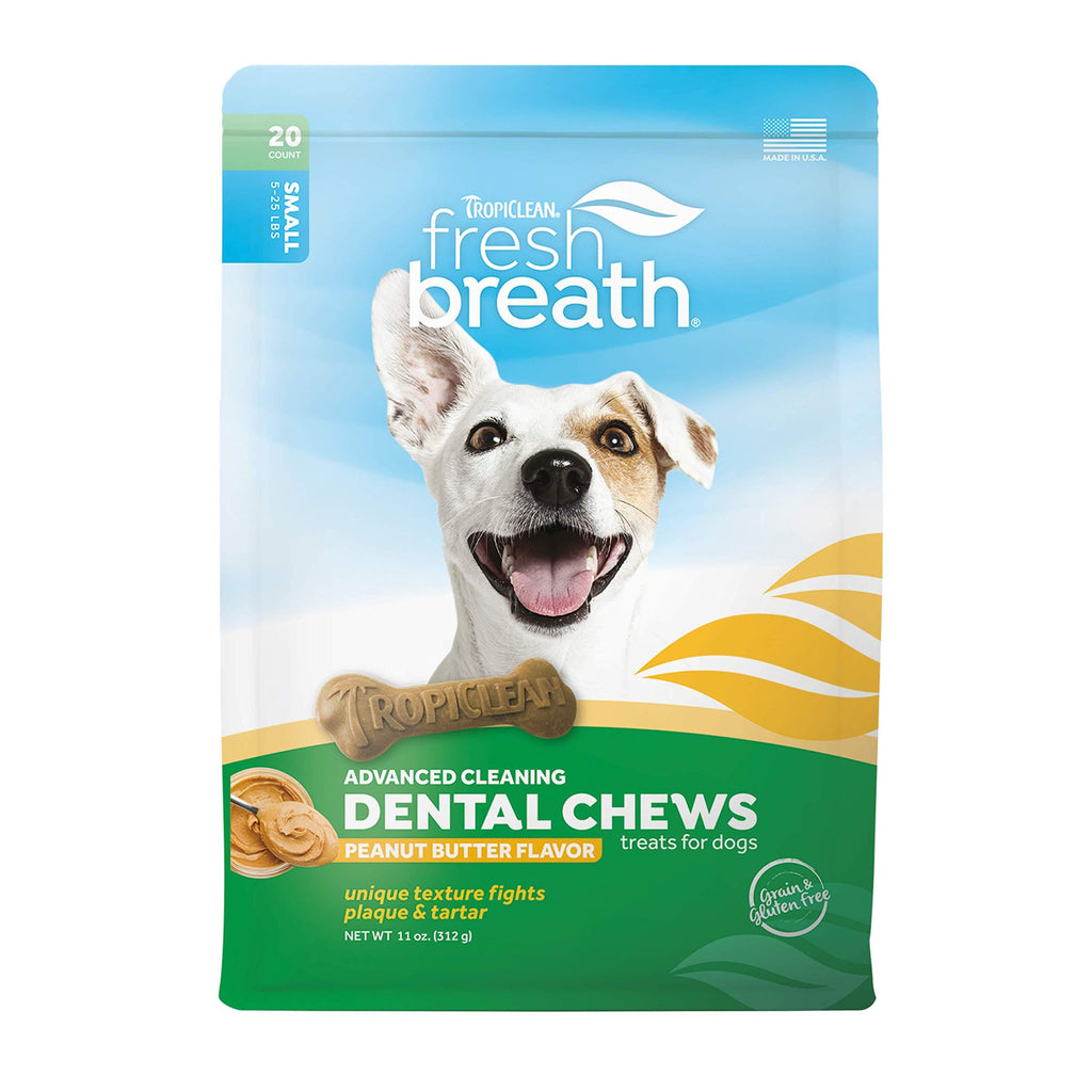 Fresh Breath by TropiClean Dog Dental Care Peanut Butter Flavored Dental Chews for Dogs 5-25 Pounds, 20ct, 11oz - Made in USA - Helps Brush Away Plaque and Tartar - PawsPlanet Australia