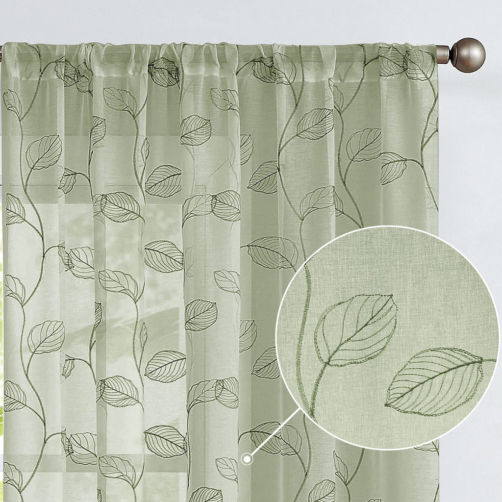 Sheer Curtains for Bedroom Rod Pocket Embroidered Leaf Window Curtains 84 inch Length Botanical Geometric Drapes Living Room 2 Panels Sage W55 x L84 *Leaf Sage - PawsPlanet Australia