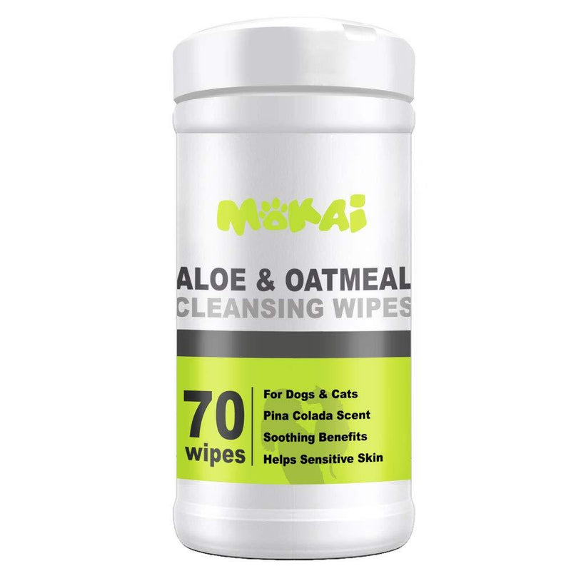 [Australia] - MOKAI Aloe & Oatmeal Grooming Wipes For Dogs and Cats | Pet Cleansing Wipes Used to Remove Dirt Dander Odor and Excess Hair from the Skin and Coat with Soothing Benefits for Sensitive Skin (70 Wipes) 