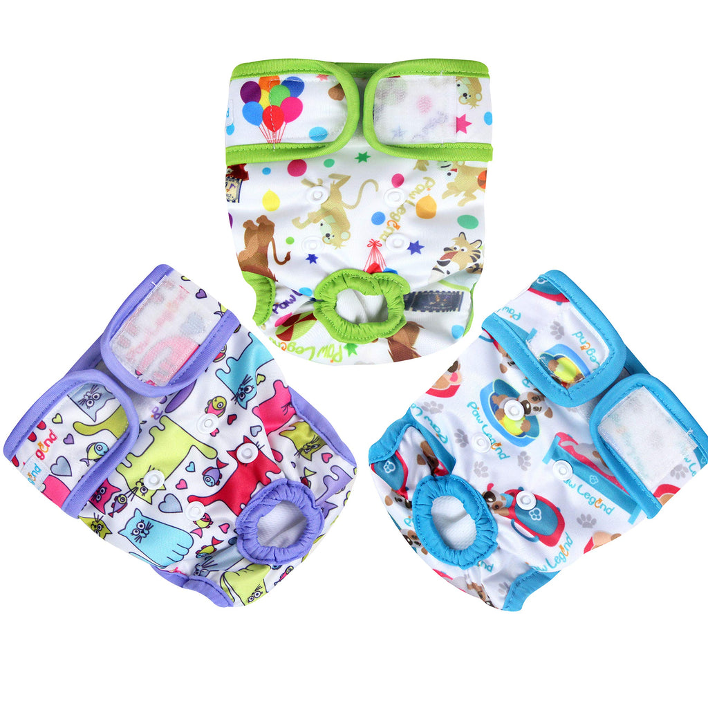 Paw Legend Reusable Female Dog Diapers, Pack of 3 X-Small (8''-11.5'' Waist) Adorable (White Lining) - PawsPlanet Australia