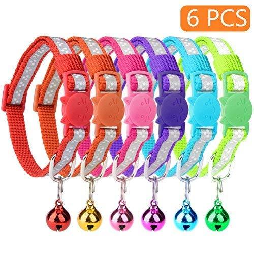 [Australia] - KOOLTAIL 6 Pcs Reflective Cat Collars with Bell 8"-10" Breakaway Nylon Collars Set, Star Reflective Stripes 