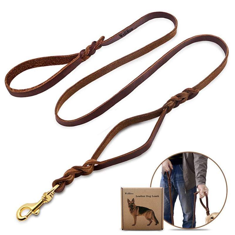 [Australia] - Wellbro Luxury Genuine Leather Double Handle Dog Leash, Braided Training Lead with Traffic Handle, Easy Control and Heavy Duty, 1.8cm Width by 6ft Length, Brown 