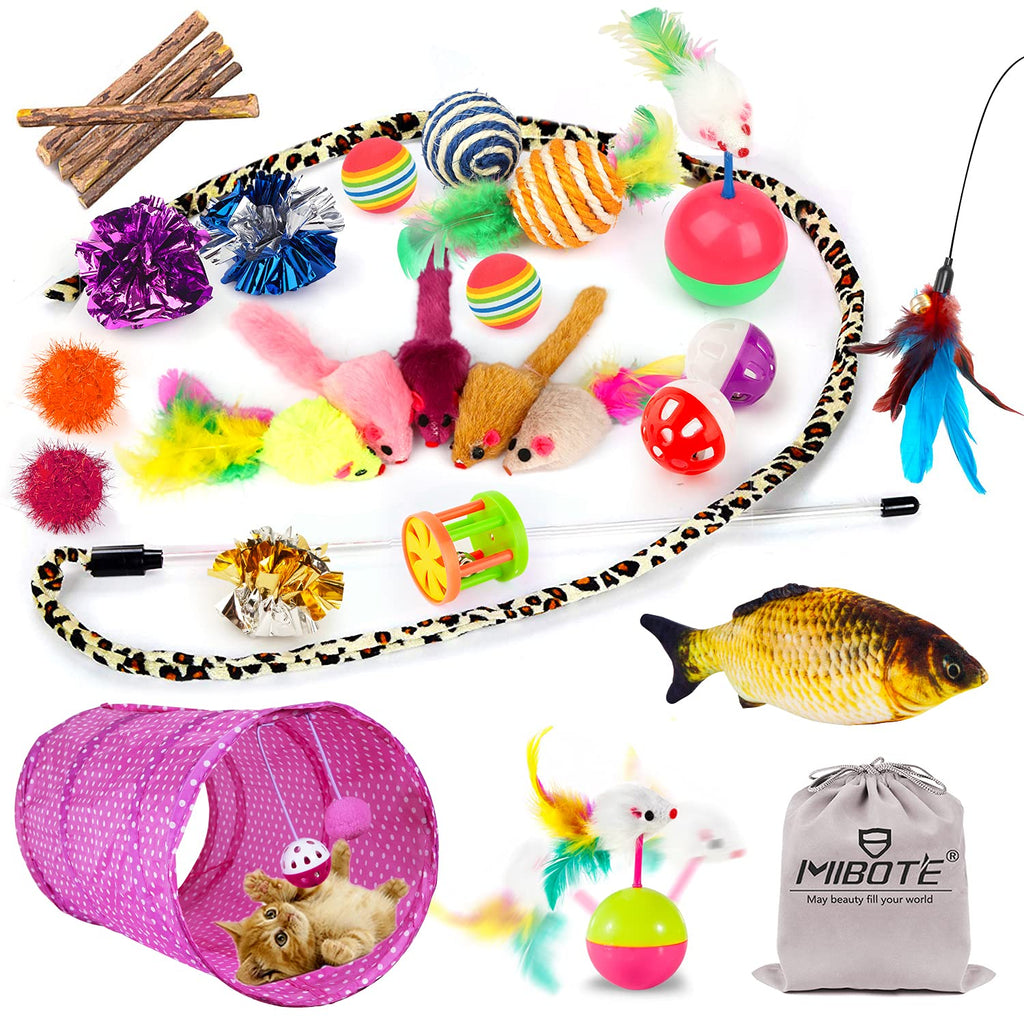 MIBOTE 28Pcs Cat Toys Kitten Toys Assorted, Cat Tunnel Catnip Fish Feather Teaser Wand Fish Fluffy Mouse Mice Balls and Bells Toys for Cat Puppy Kitty - PawsPlanet Australia