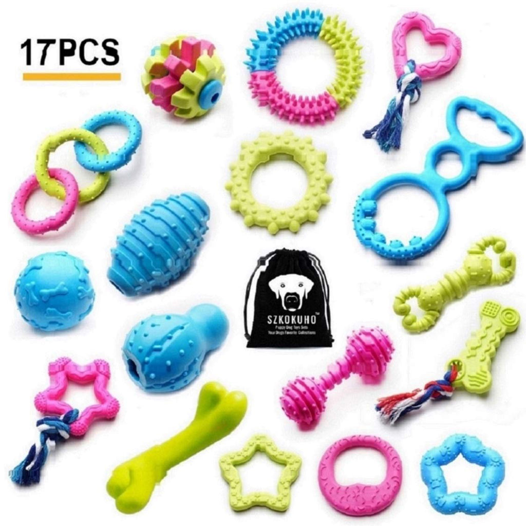 [Australia] - SZKOKUHO 17 Packs Durable Pet Puppy Dog Chew Toys Set Puppy Teething Ball Toys Puppy Rope Dog Tug Toy Safety Design 17 Pcs 