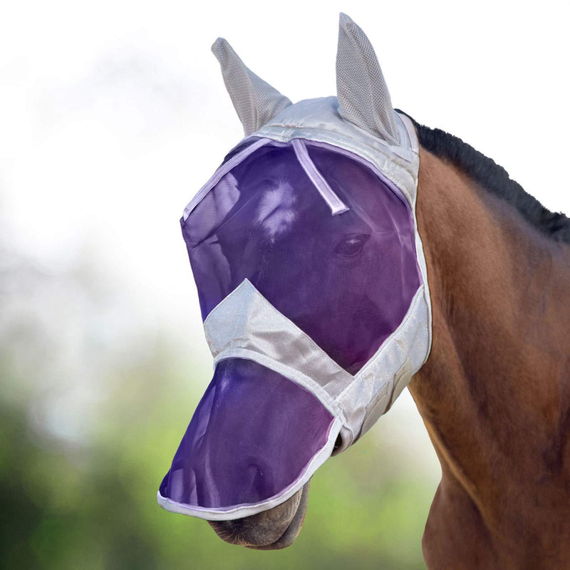 Harrison Howard CareMaster Horse Fly Mask Long Nose with Ears Silver/Purple Retro Cob (Medium) - PawsPlanet Australia