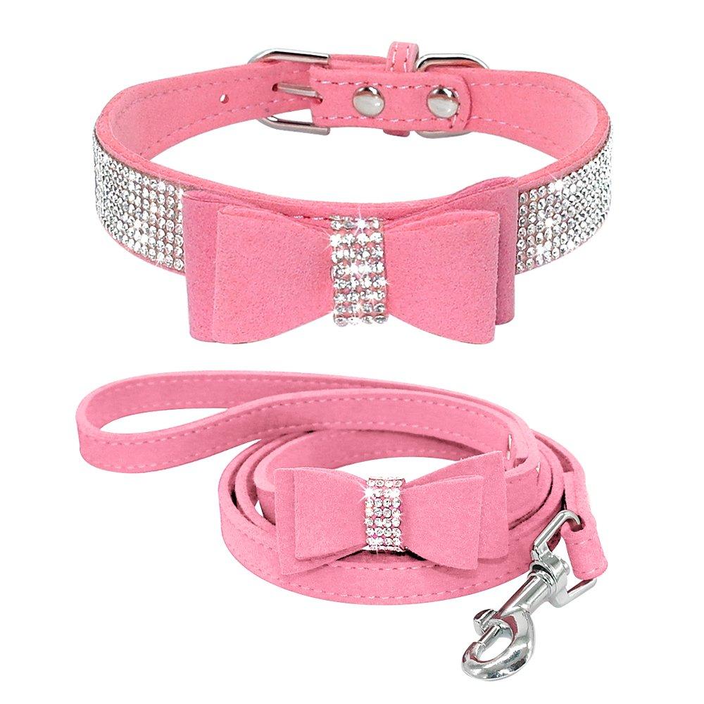 [Australia] - Beirui Bling Soft Leather Dog & Cat Collar & Leash Set - Rhinestone Flocking Sparkly Crystal Diamonds Studded - Cute Double Bowknot - Perfect 4 Foot for Pet Show S: Neck fit 10-12.5"(total 14.5") Pink 